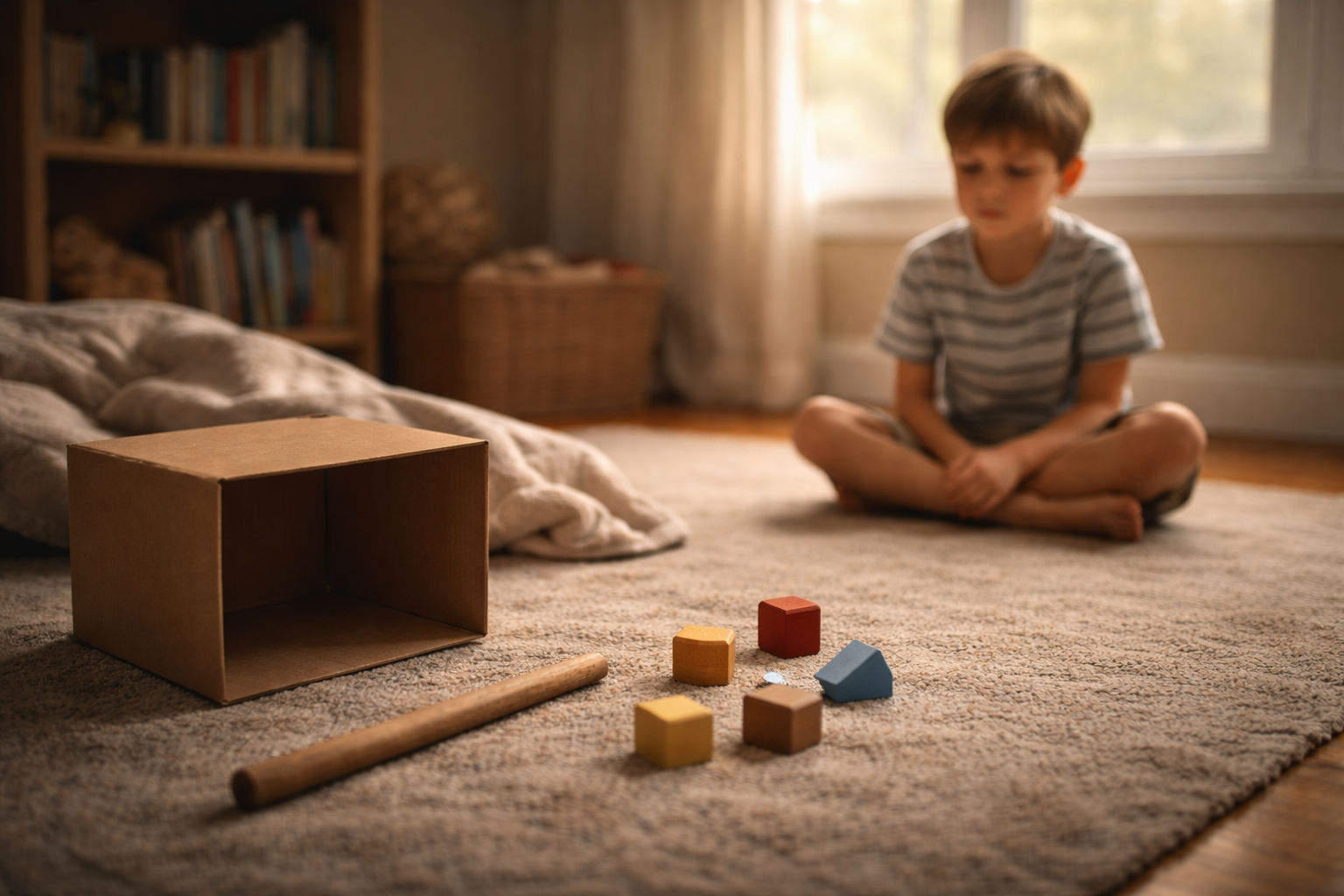 Bambino seduto davanti a una scatola vuota e oggetti semplici, non gioca