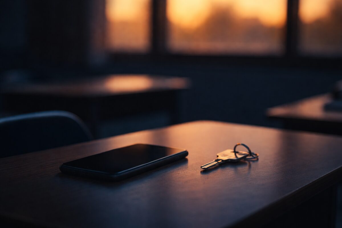 Il Divieto Non Basta — smartphone spento su banco di scuola