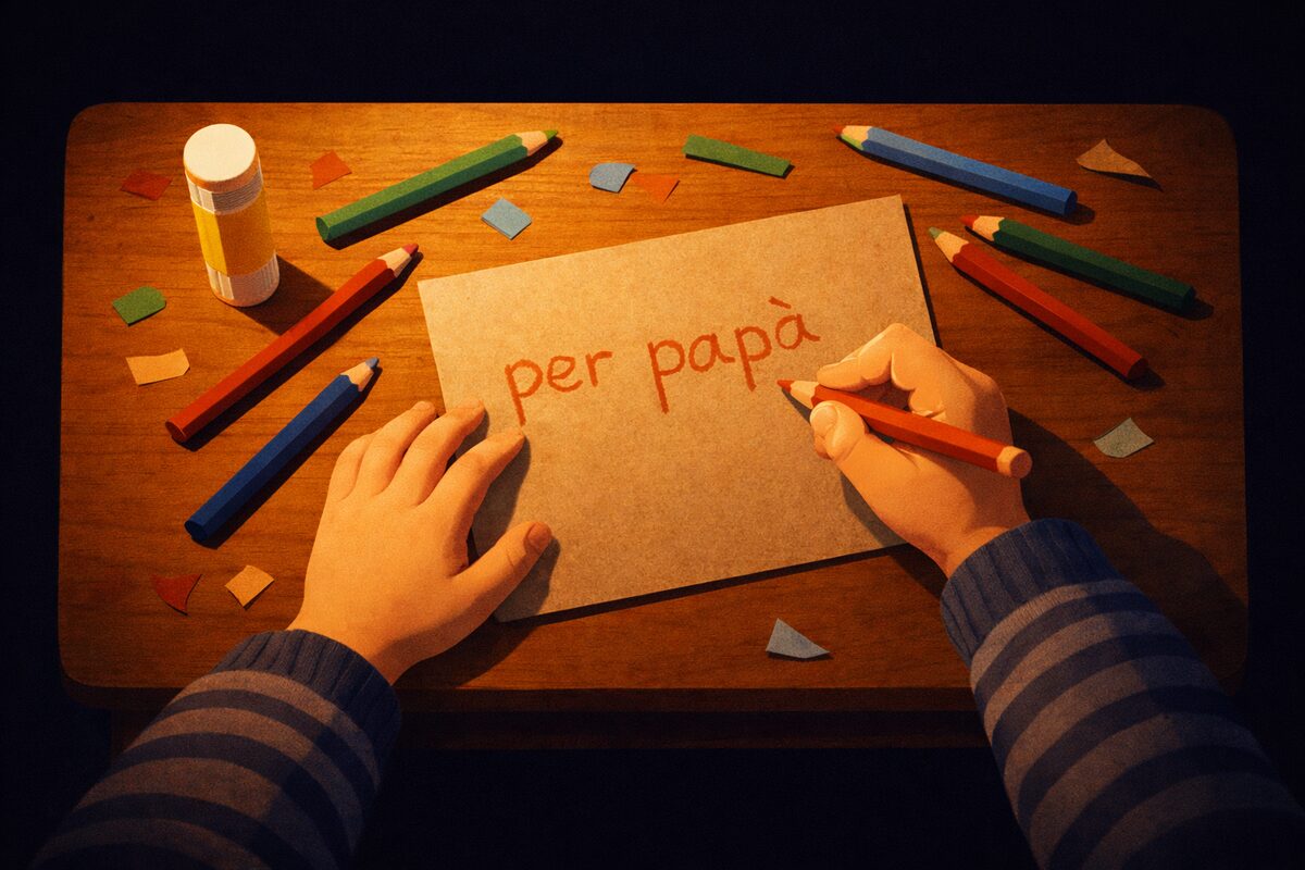 Mani di bambino che scrivono un biglietto per il papà su un banco di scuola